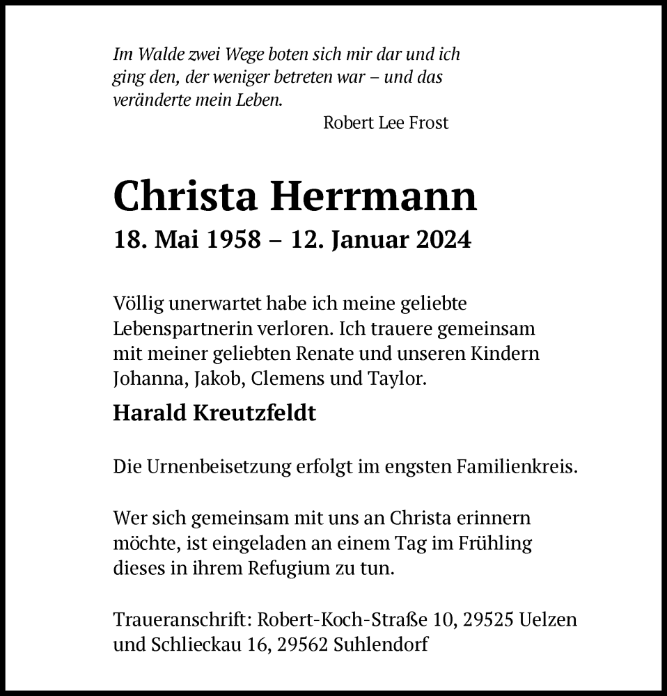  Traueranzeige für Christa Herrmann vom 20.01.2024 aus UEL