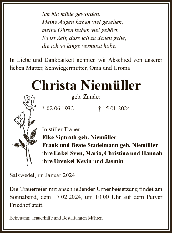 Traueranzeige von Christa Niemüller von UEL