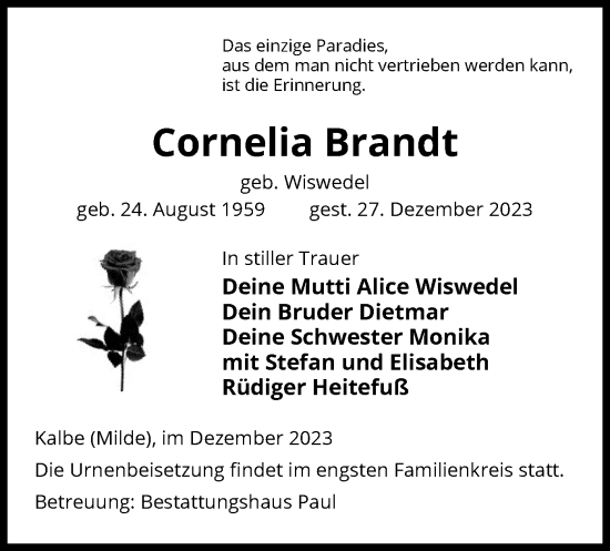 Traueranzeige von Cornelia Brandt von UEL