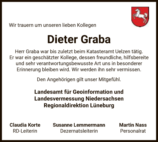 Traueranzeige von Dieter Graba von UEL