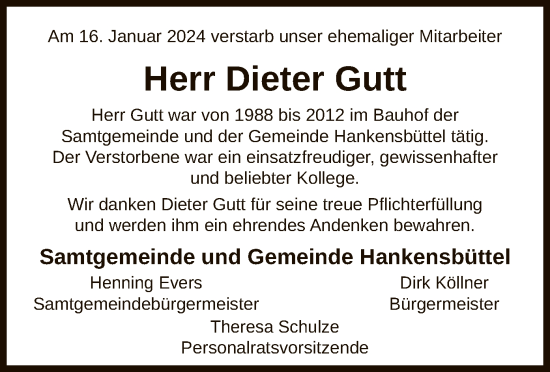 Traueranzeige von Dieter Gutt von UEL