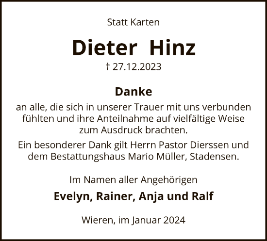 Traueranzeige von Dieter Hinz von UEL