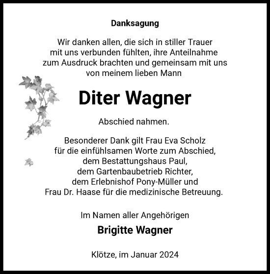 Traueranzeige von Diter Wagner von UEL