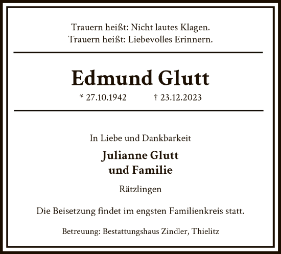 Traueranzeige von Edmund Glutt von UEL