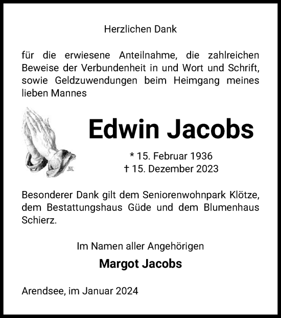 Traueranzeige von Edwin Jacobs von UEL