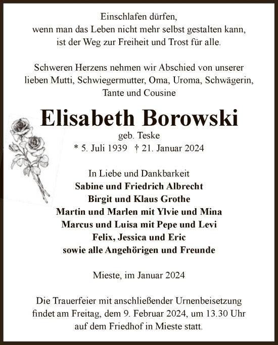 Traueranzeige von Elisabeth Borowski von UEL