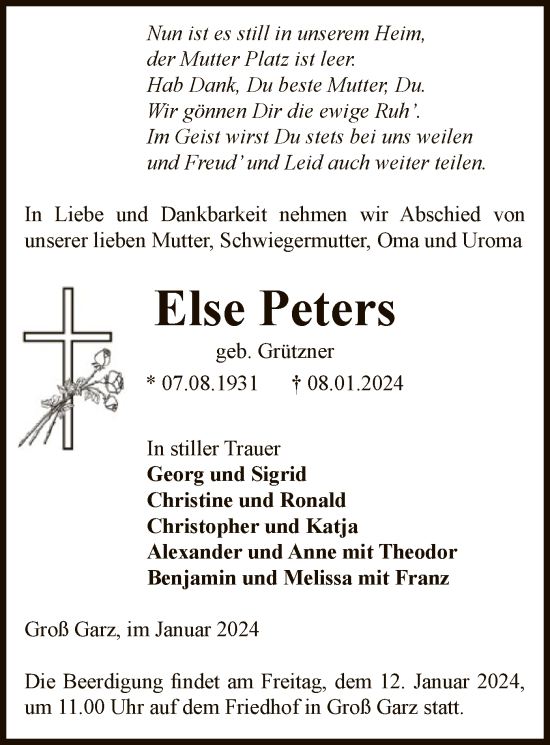 Traueranzeige von Else Peters von UEL