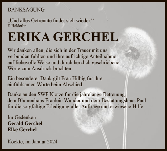 Traueranzeige von Erika Gerchel von UEL