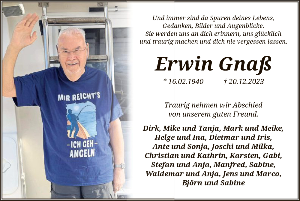  Traueranzeige für Erwin Gnaß vom 06.01.2024 aus UEL