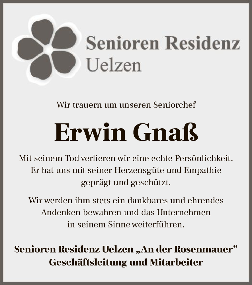  Traueranzeige für Erwin Gnaß vom 06.01.2024 aus UEL
