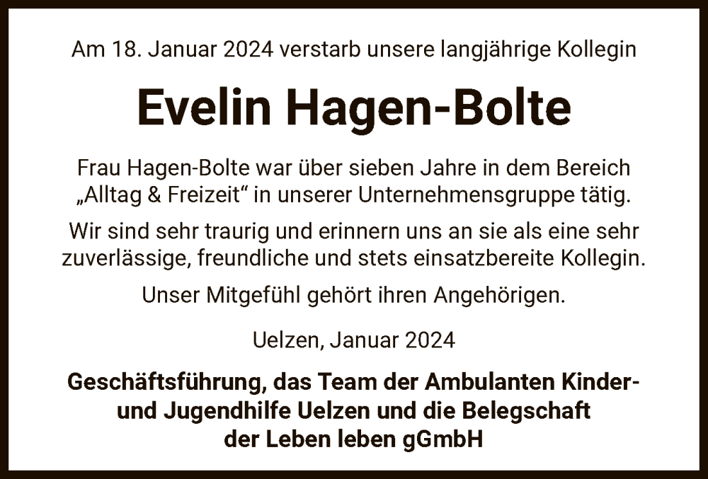  Traueranzeige für Evelin Hagen-Bolte vom 27.01.2024 aus UEL