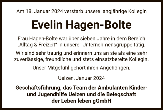 Traueranzeige von Evelin Hagen-Bolte von UEL