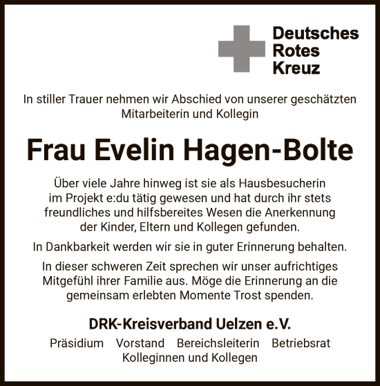 Traueranzeige von Evelin Hagen-Bolte von UEL