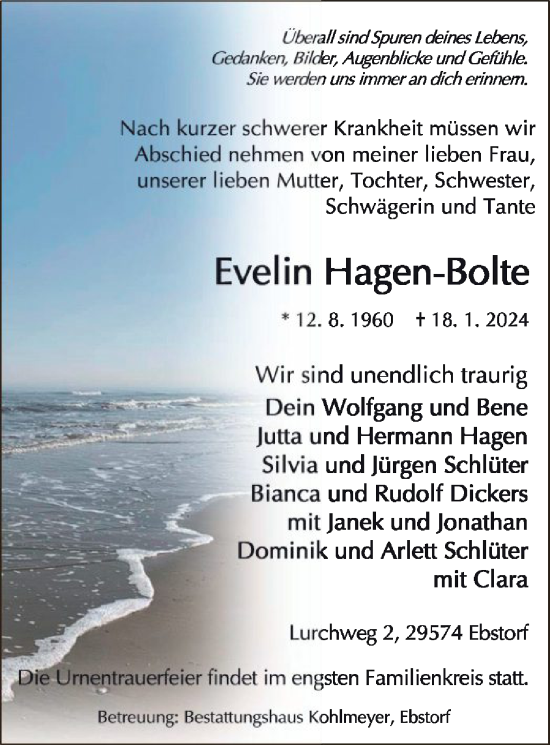 Traueranzeige von Evelin Hagen-Bolte von UEL