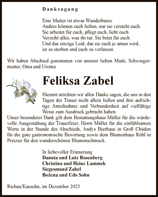 Traueranzeige von Feliksa Zabel von UEL