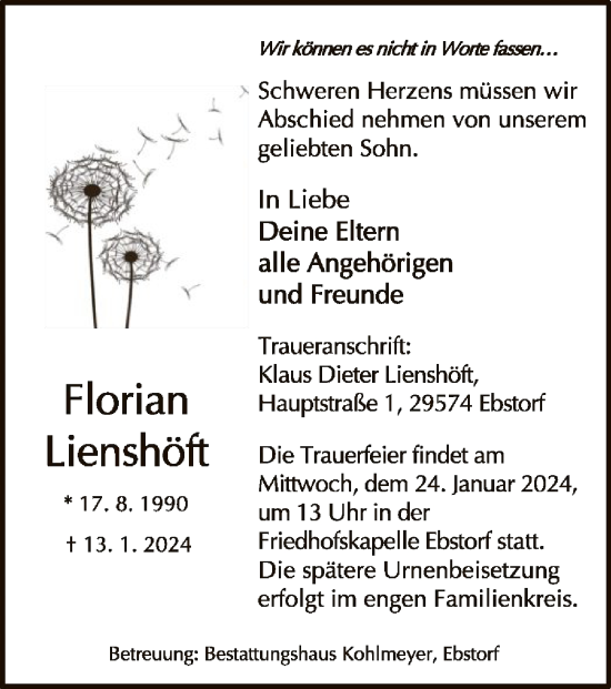 Traueranzeige von Florian Lienshöft von UEL