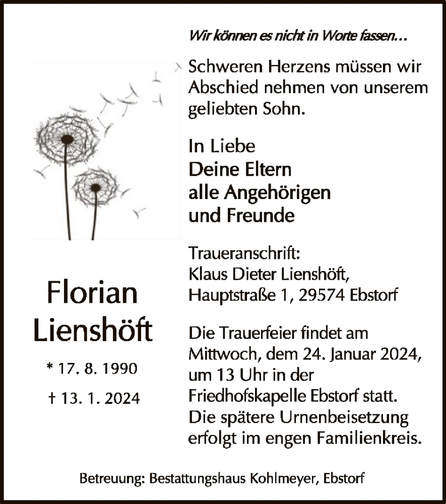  Traueranzeige für Florian Lienshöft vom 20.01.2024 aus UEL