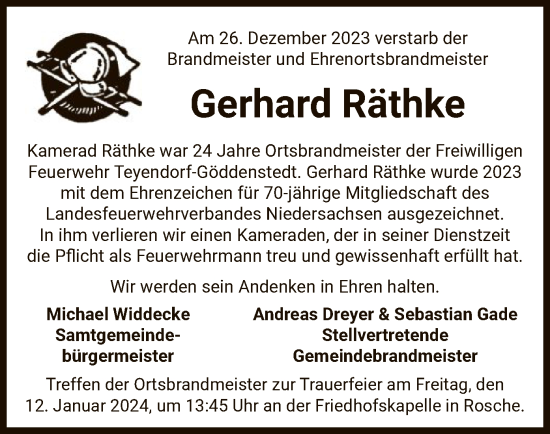 Traueranzeige von Gerhard Räthke von UEL