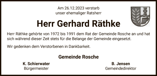 Traueranzeige von Gerhard Räthke von UEL