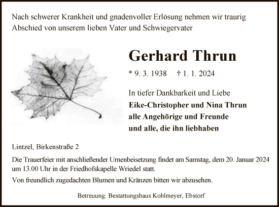 Traueranzeige von Gerhard Thrun von UEL