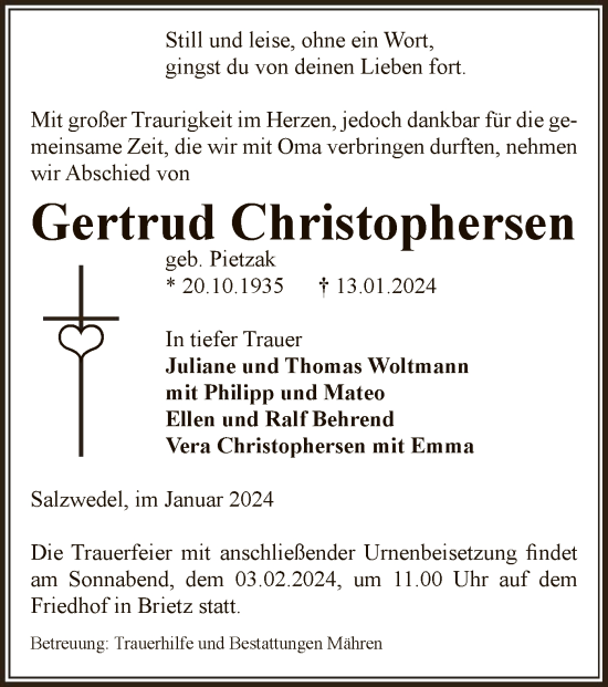 Traueranzeige von Gertrud Christophersen von UEL