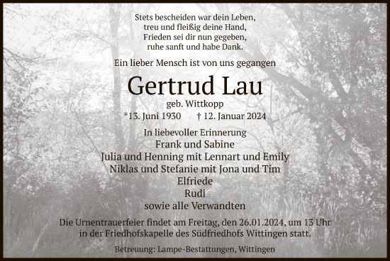 Traueranzeige von Gertrud Lau von UEL