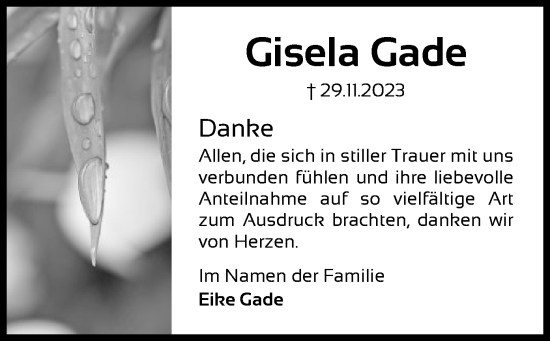 Traueranzeige von Gisela Gade von UEL