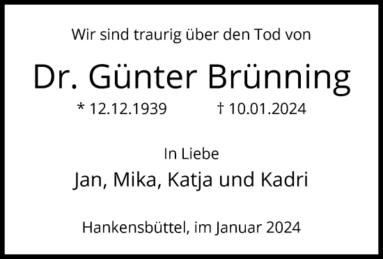 Traueranzeige von Günter Brünning von UEL