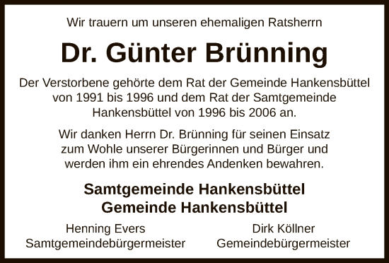 Traueranzeige von Günter Brünning von UEL