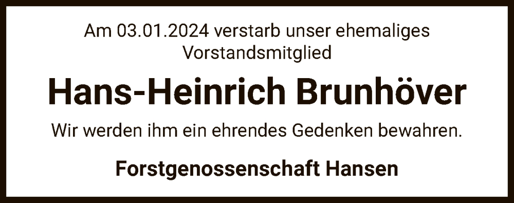  Traueranzeige für Hans-Heinrich Brunhöver vom 06.01.2024 aus UEL