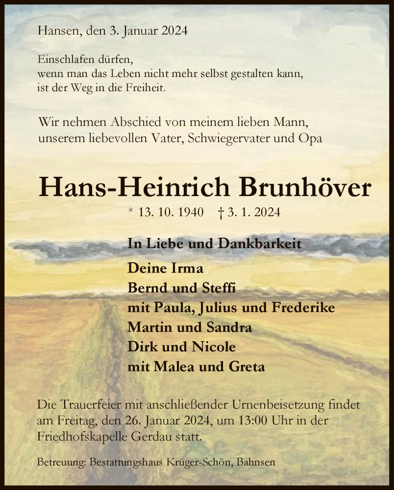  Traueranzeige für Hans-Heinrich Brunhöver vom 06.01.2024 aus UEL