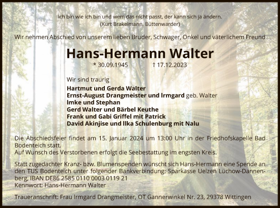 Traueranzeige von Hans-Hermann Walter von UEL