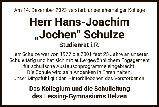 Traueranzeige von Hans-Joachim  Schulze von UEL