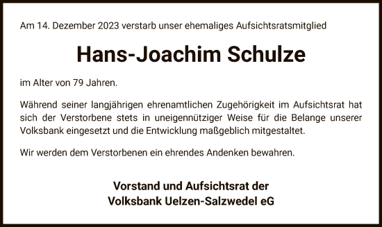 Traueranzeige von Hans-Joachim  Schulze von UEL