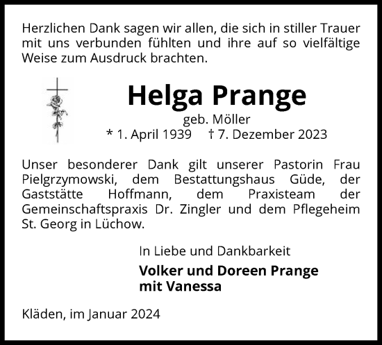 Traueranzeige von Helga Prange von UEL