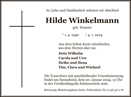 Traueranzeige von Hilde Winkelmann von UEL