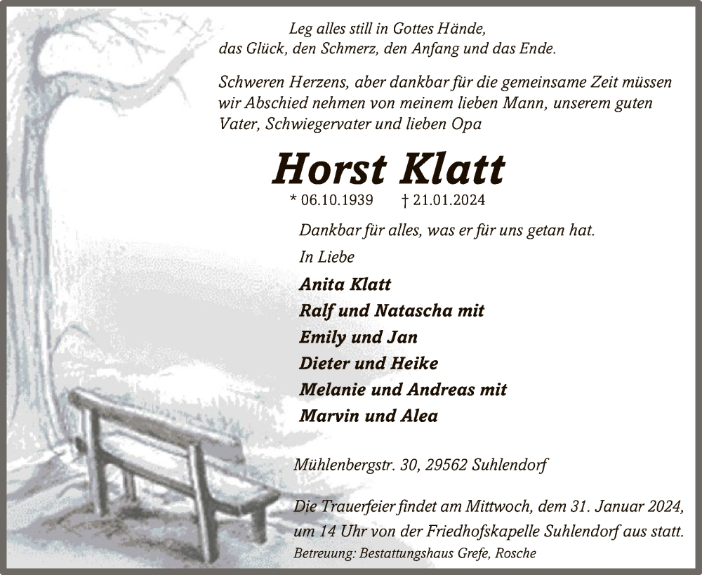  Traueranzeige für Horst Klatt vom 27.01.2024 aus UEL