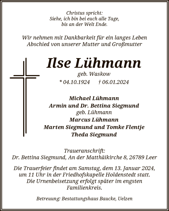 Traueranzeige von Ilse Lühmann von UEL