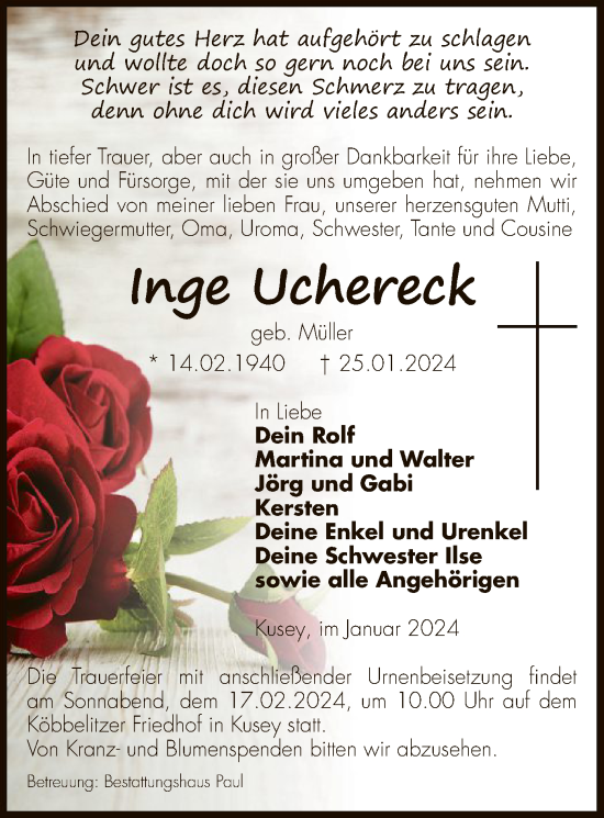 Traueranzeige von Inge Uchereck von UEL