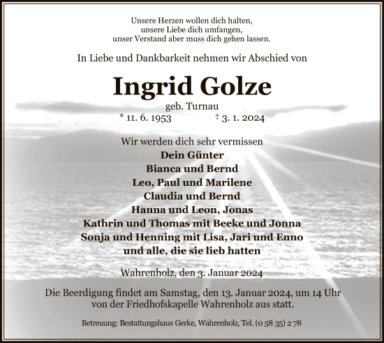 Traueranzeige von Ingrid Golze von UEL