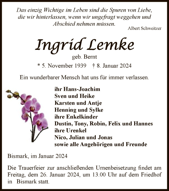 Traueranzeige von Ingrid Lemke von UEL