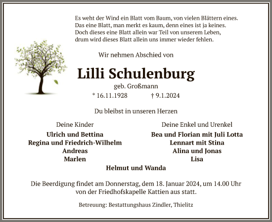 Traueranzeige von Lilli Schulenburg von UEL
