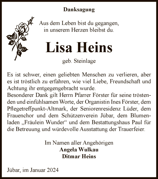 Traueranzeige von Lisa Heins von UEL