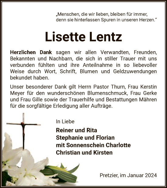 Traueranzeige von Lisette Lentz von UEL