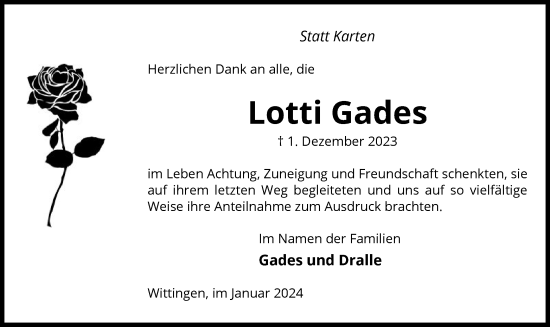 Traueranzeige von Lotti Gades von UEL