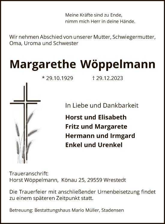 Traueranzeige von Margarethe Wöppelmann von UEL