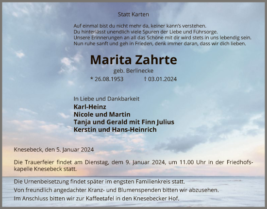 Traueranzeige von Marita Zahrte von UEL