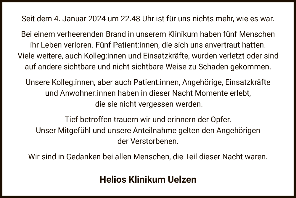  Traueranzeige für Nachruf  Helios Klinikum Uelzen vom 13.01.2024 aus UEL
