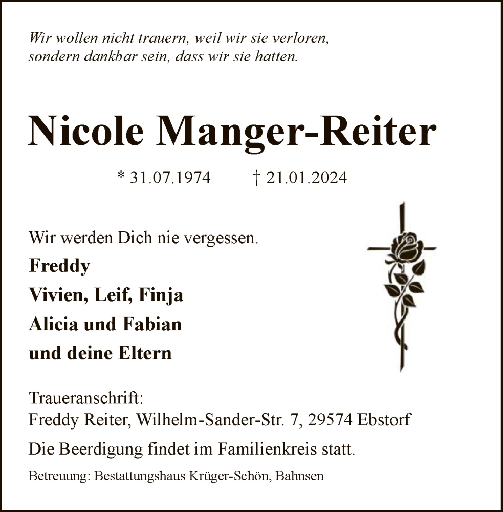  Traueranzeige für Nicole Manger-Reiter vom 27.01.2024 aus UEL