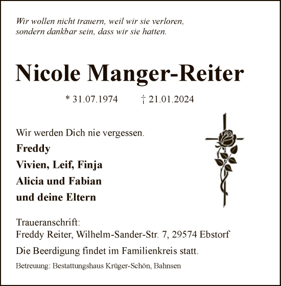 Traueranzeige von Nicole Manger-Reiter von UEL